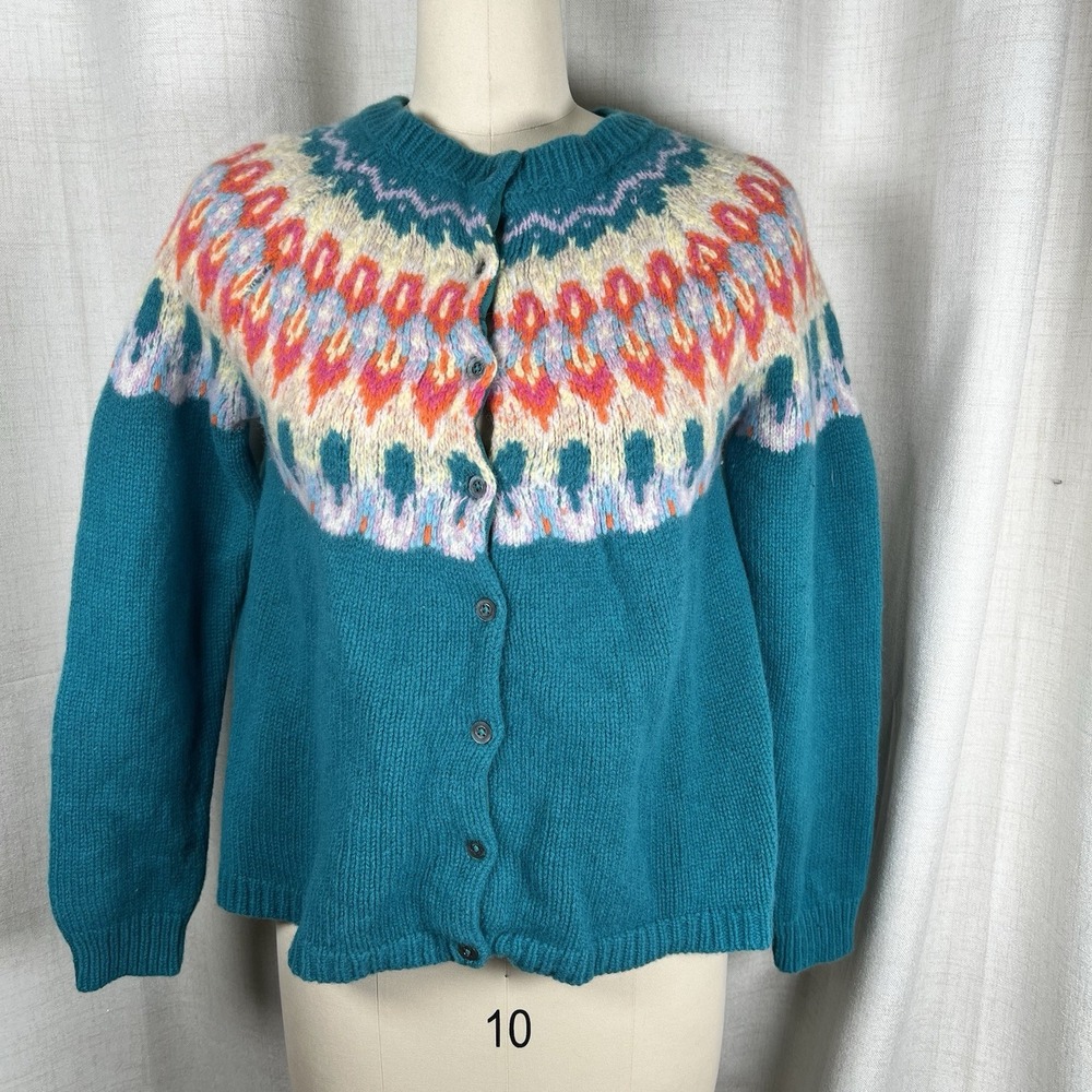 Sundance Kaleidoscope Bloom Fair Isle Cardigan Blue Womens Medium Lambswool READ